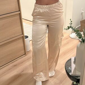Zara Cream Satin Wide Leg Pants
